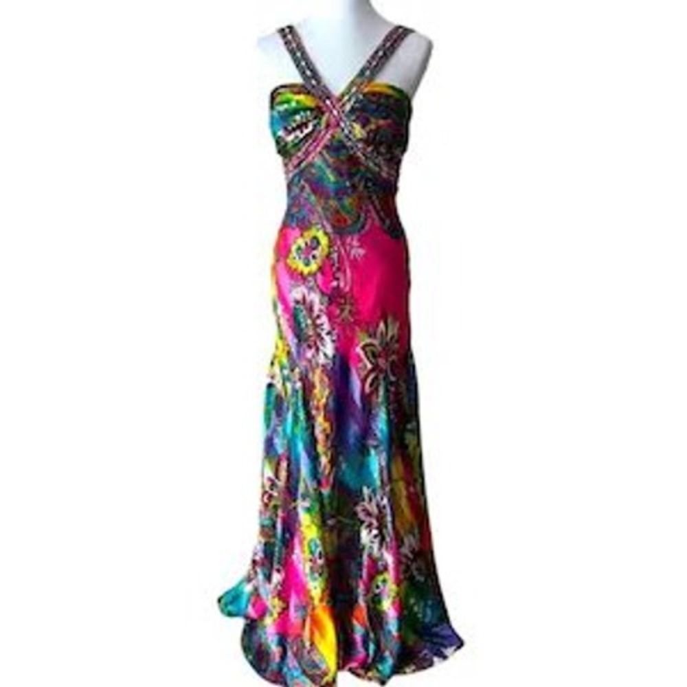 Dressbarn Collection Beaded Pleated Y2K Satin Maxi Dress 8